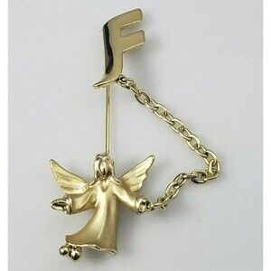 Vintage Angel Cherub Stick Pin Brooch Initial F Gold Tone Christmas Giusti